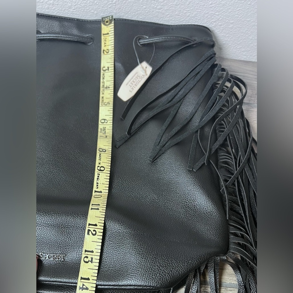 VICTORIA'S SECRET Black Faux Leather Fringe Drawstring Bucket Backpack NWT tags - Picture 7 of 11